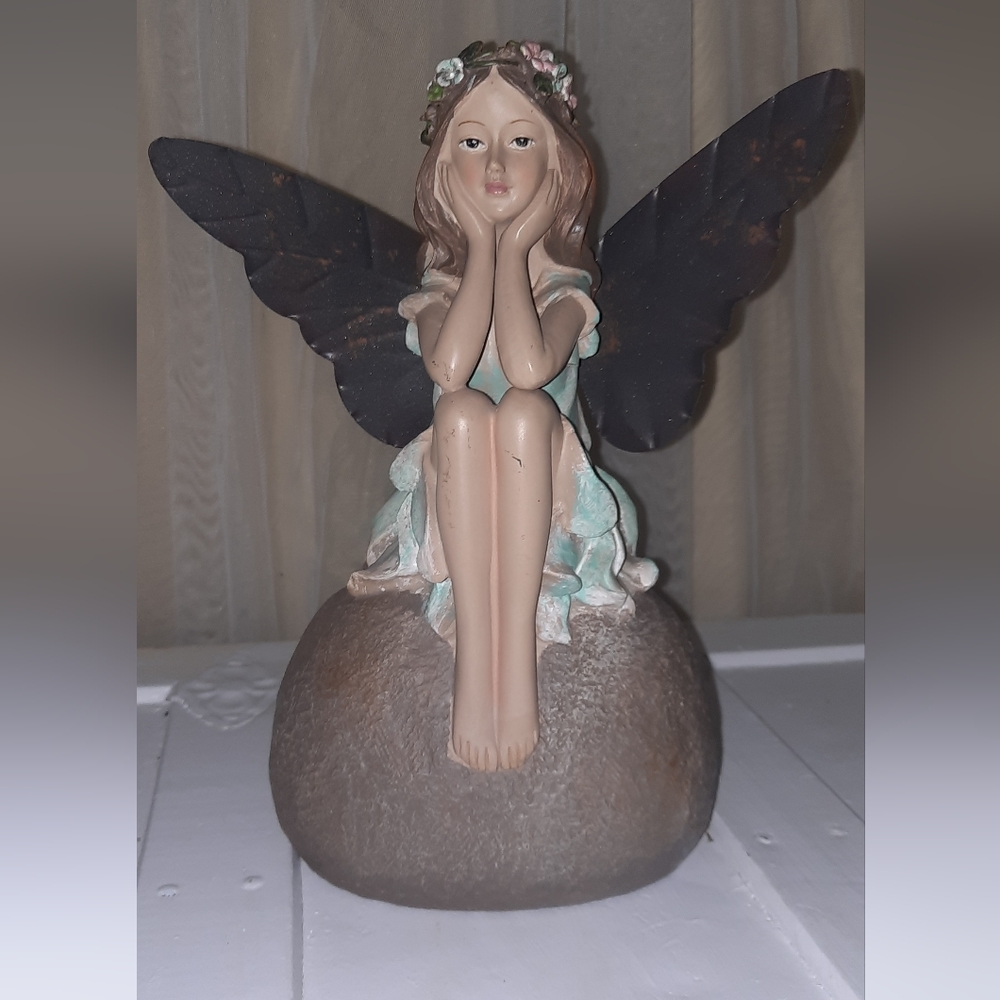 Vintage Fairy Garden Girl Seated on a Rock Deep in Thought